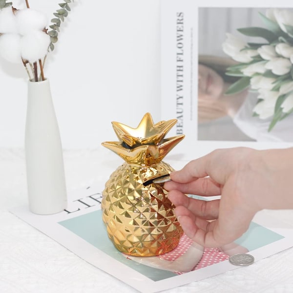 Keramisk ananas spargris, dekorativ heminredning, 5,3 x 3,4 tum, idealisk present till barn (guld)