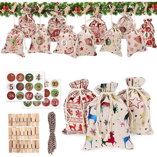 24 Christmas Calendar Bags Burlap Hanging Advent Calendar Garland Candy Gift Bag DIY Countdown