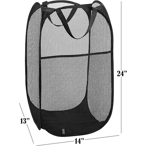 Hopfällbar tvättkorg i nät med bred öppning och sidoficka – Andningsbar, robust, hopfällbar, platsbesparande design (svart | 2-pack)