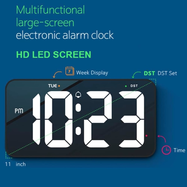 11,6\" Stor LED-väggklocka med 4,1\" stora tydliga siffror, larm, tidsminne, automatisk dimning, 12/24 timmar, sommartid, tyst - perfekt svart