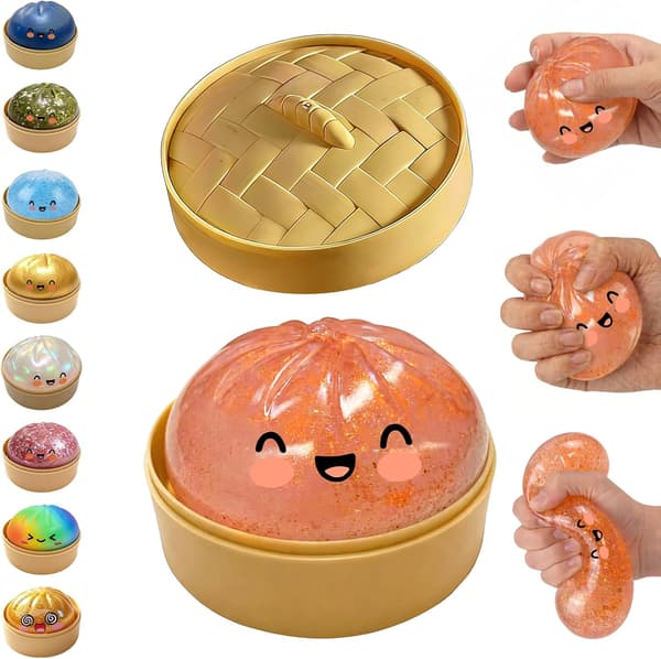 Glitter Dumpling Squishy, Dumpling Squishies, Glitter Dumpling Mystery Box, Färgglada Dumpling Stressbollar Fidget, Jumbo Squishy Leksak med Ångkokarlåda Set Glitter Gold