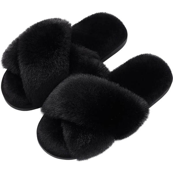 Women's Fuzzy Slippers Cross Band Memory Foam House Slippers Open Toe（Size：5-6）