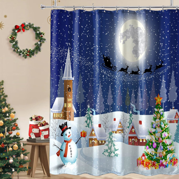 Christmas Shower Curtain, Blue Christmas Shower Curtain Set, Cute Winter Santa Claus Snowman Xmas Tree Theme Fabric Bathroom Curtain, 72 × 72