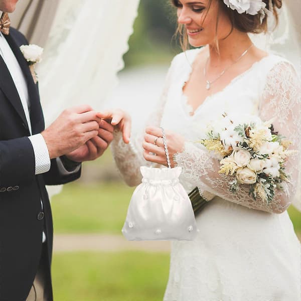 Hvid brudehåndtaske til bryllup, satinblomstdekoreret Dolly Bag 2 stk. White