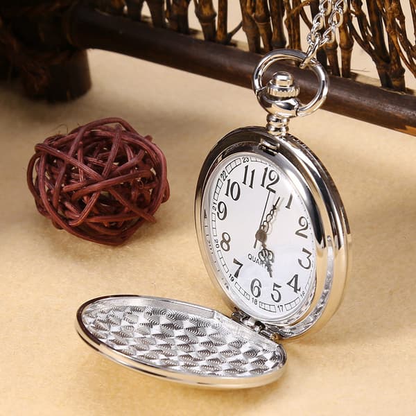 Classic Quartz Analog Smooth Pocket Watch Necklace Pendant with Chain Silver