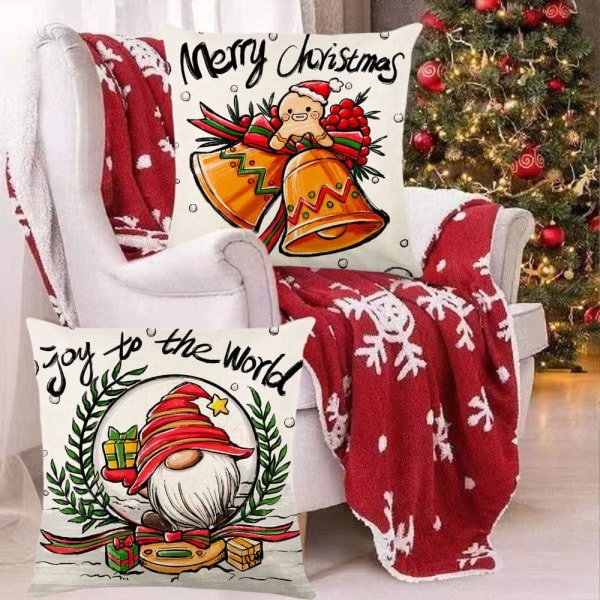Jul kuddfodral 18 * 18 tum linne kuddfodral kudde örngott jultomten röd grön vinter semester hem soffa sovrum set om 4(JYM170)