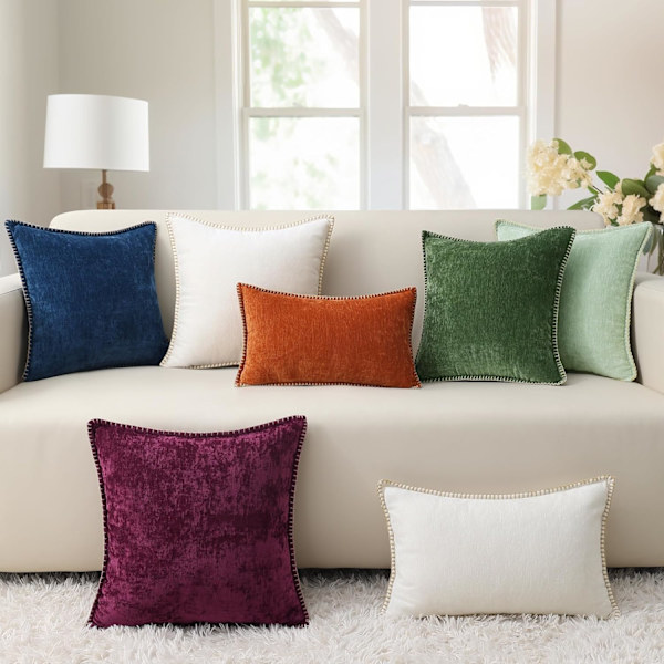 Chenille Mjuka Överkast Kuddfodral 18x18 Set om 2, Gårdshus Sammet Kuddfodral, Dekorativa Kvadratiska Kuddfodral med Sydd Kant