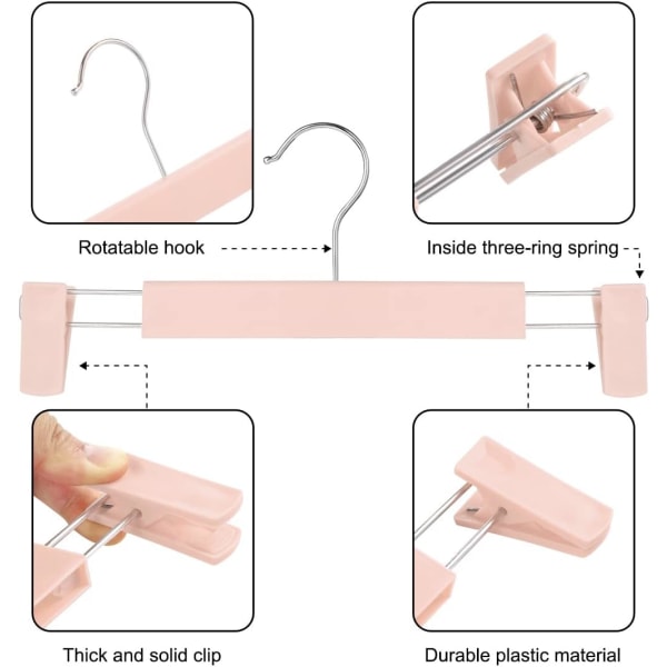 Plassbesparende skjørtstativ med 360 ° svingbare kroker, justerbare klips, buksehengere, kleshengere for jakker, jeans (10-pakning, rosa)