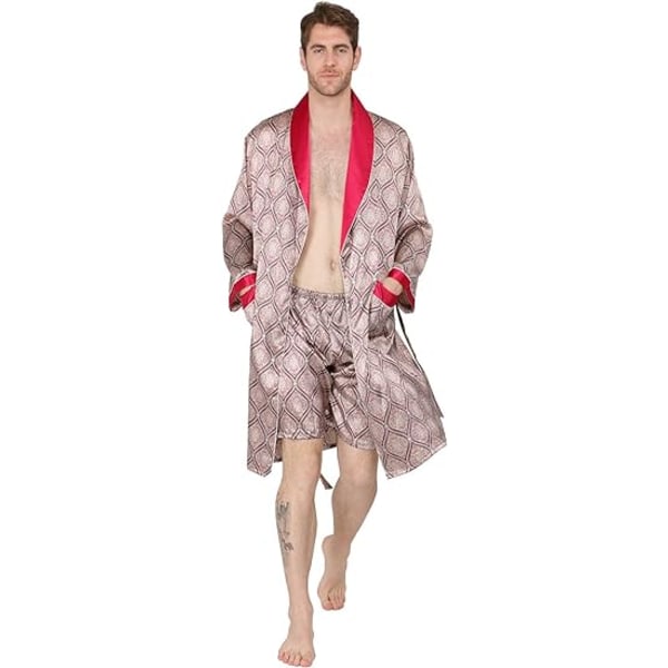 Lyxig kimono för sommar, mjuk satinrock med shorts Nattlinne Långärmad pyjamas med printed badrockar (röd, 3XL) Red 3XL