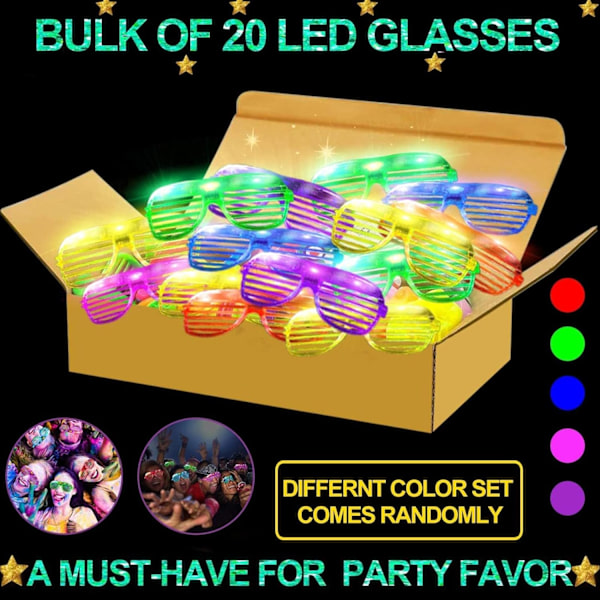 20-pack LED-glasögon för fester, 6 färger lysande glasögon, solglasögon med LED-lampor, lysande festglasögon för barn/vuxna