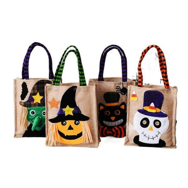 Premium Halloween Linnehandväskor - Uppsättning av 4 distinkta mönster för miljövänlig presentförpackning