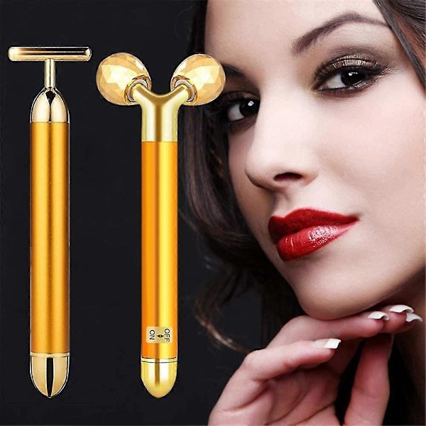 2 I 1 Elektrisk Ansigtsmassager Beauty Stick 24k Guld Ansigtsmassager, 3d Rulle Og T-formet Ansigtsrulle Massager