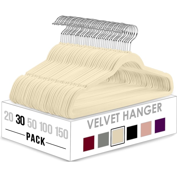 Premium Velvet Galgar 30-pack - Halkfria klädhängare - Elfenbensgalgar - Kostymhängare med 360 graders roterbar krok - Heavy Duty klädhängare