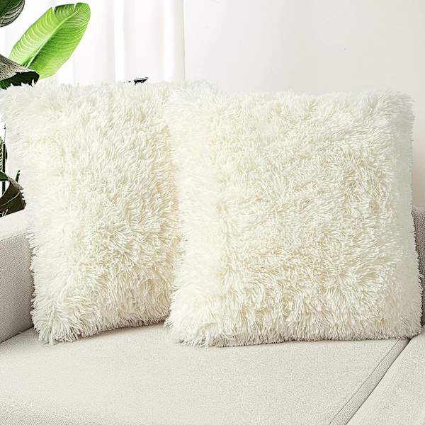 Ett sett med 2 putetrekk 20x20, kremhvite fluffy putetrekk, sofa, stue, soverom, luksuriøse kunstpels firkantede putetrekk, ingen putetrekk