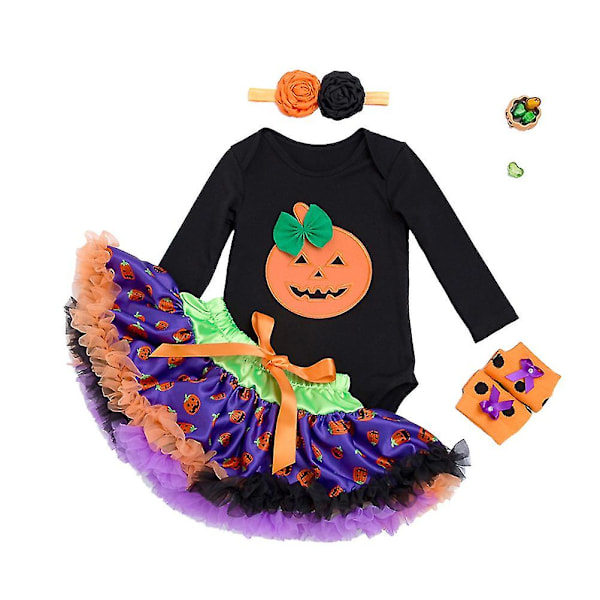 Baby Bomuldsdragt Børne Halloween Dragt Nederdel Strømper Halskæde Halloween Græskar Tema Dragt Sæt Med 4 Dele Størrelse Xl