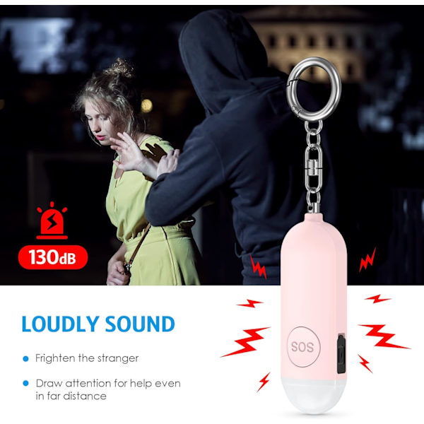 Personlig sikkerhedsalarm til kvinder - 130DB sikker lyd personlig alarm - Personlig sikkerhedsalarm nøglering med LED-lys - Pink