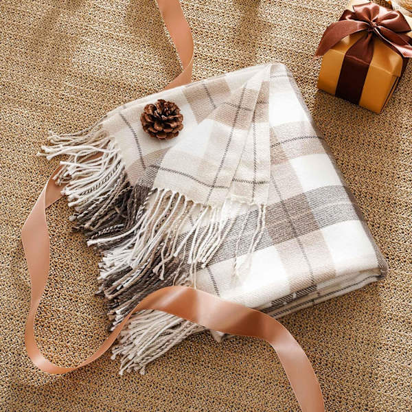 Efterårs plaid sengetæppe til sofa, firkantet dekorativt tæppe i landlig stil, let beige sengetæppe til seng sofa neutral efterårsindretning, 127 cm x 152,4 cm