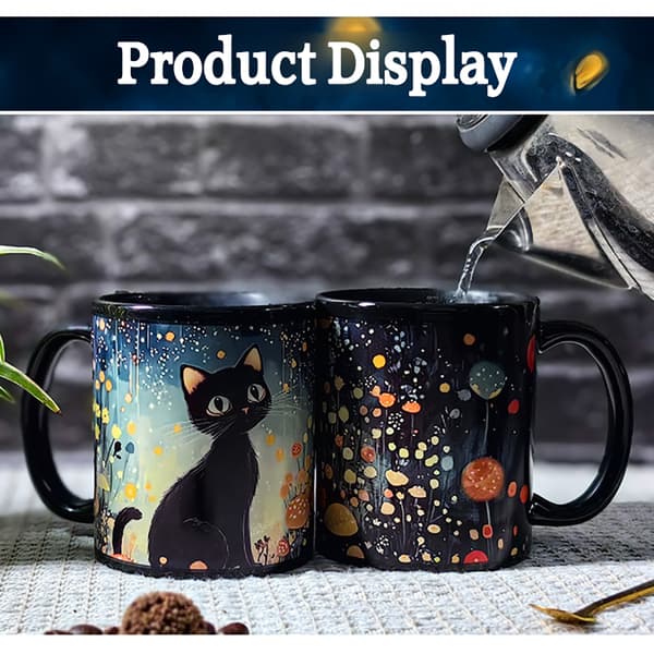 Magic Color-Changing Cat Mug, Heat-Activated Ceramic Cup with 5 Cat Motifs, Novelty Gift 350ml