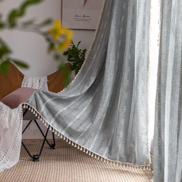 Bohemian Style Soveværelse Broderede Stribede Landhus Gardiner 84 Tommer Lange 2 Stykker Sæt Blå Linned Gardiner( B 132,08 cm x L 160,02 cm, Blå )
