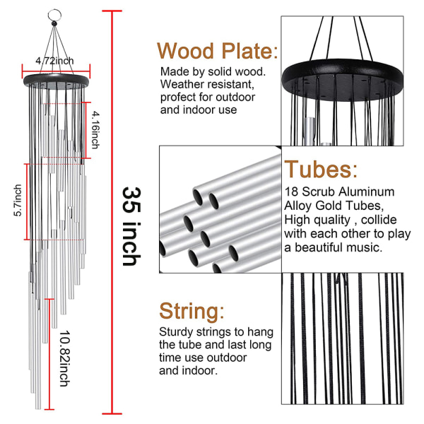 Utendørs vindklokker, 90 cm minneklokker med kroker, 18 aluminiumlegeringsrør vindklokke med tregulvdesign - sølv