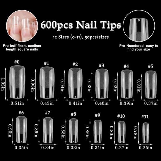 600 Square Nail Tips - Full Coverage Acrylic Tips - Medium Gel Tips for Nail Extensions - For Salon and DIY Manicure