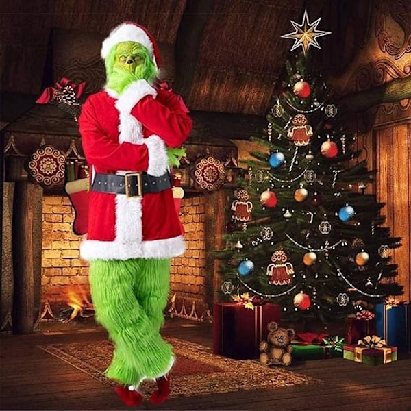 Jultomten Grinch Grön Luddig Grinch Festföreställning Kostym Green S/M