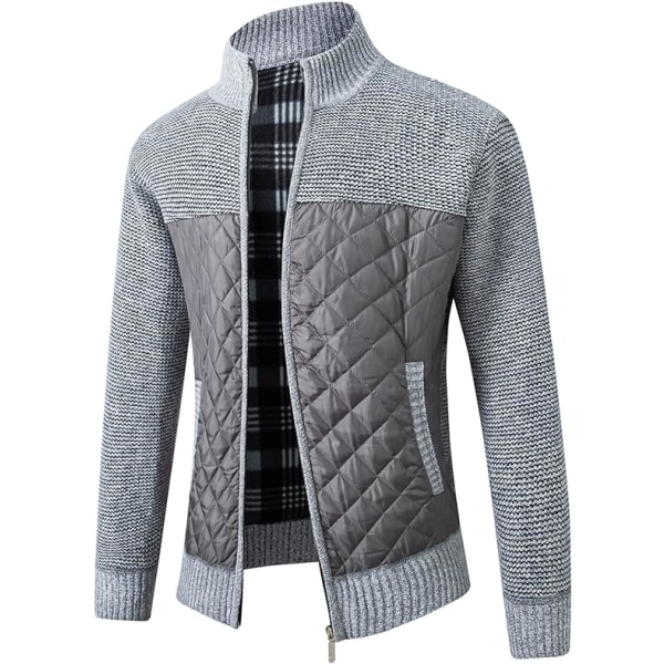 Långärmad koftatröja för män Thermal Slim Fit Quiltad jacka med hel dragkedja Business Casual Knit Coats Ficka (Grå, L) Grey L