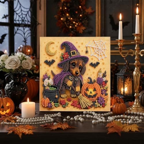 DIY Bead Painting Kit with Frame 12 inch Dachshund Witch and Kitten
