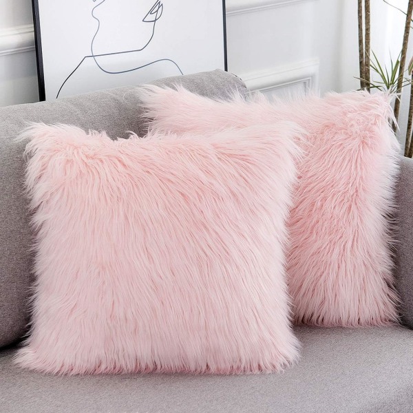 Set med 2 rosa fluffy putetrekk Ny luksusserie Merino-stil Blush Faux Fur dekorative pynteputerrekk firkantet fuzzy putetrekk 18x18 tommer