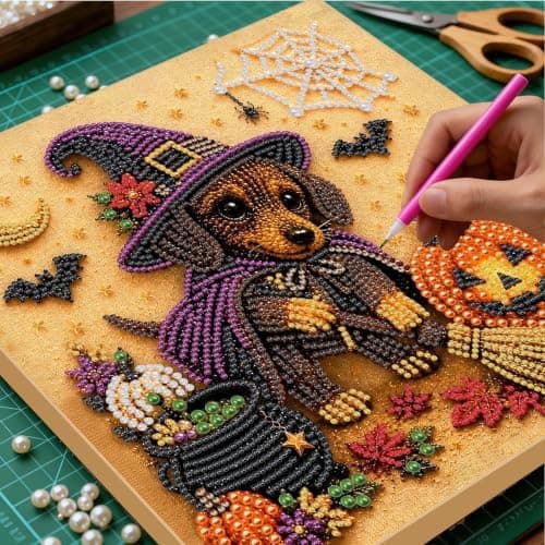 DIY Bead Painting Kit with Frame 12 inch Dachshund Witch and Kitten
