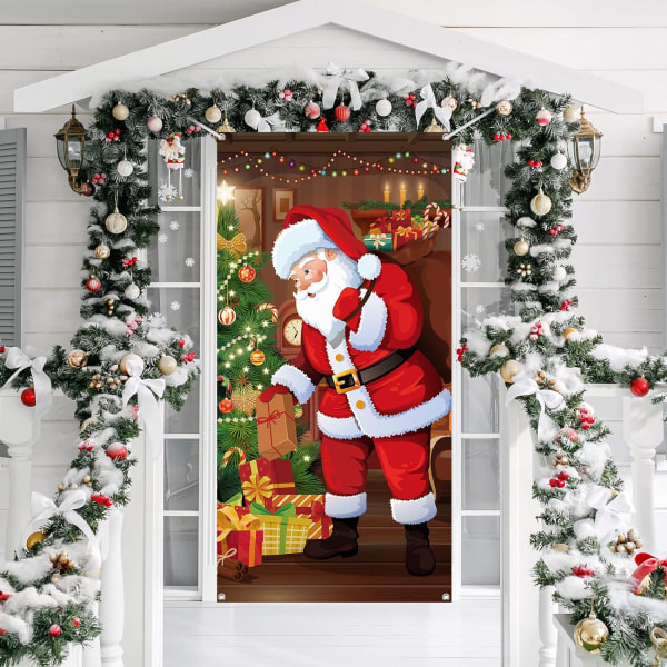 God jul dørdeksel julehengende banner Santa dørdeksel klut polyester jule dørdeksel juledekorasjoner, 70,9 x 35,4 tommer