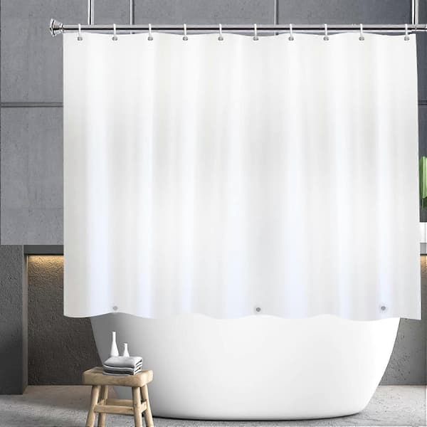 Kort duschdraperi, 180x150cm, vit, magnetisk botten, mögelresistent, plastkrokar, 70cm bred x 60cm hög.