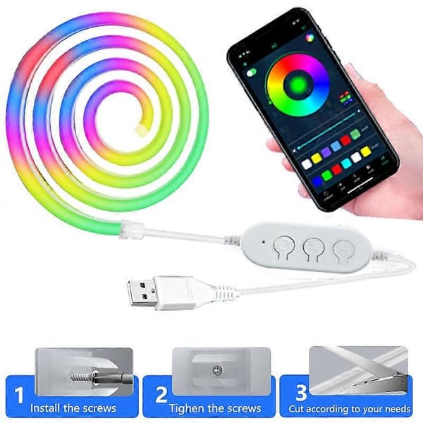 4M USB Neonlysstrimmel 60 lysdioder/M, 3-knaps Bluetooth-kontrol, med 5 monteringsklemmer