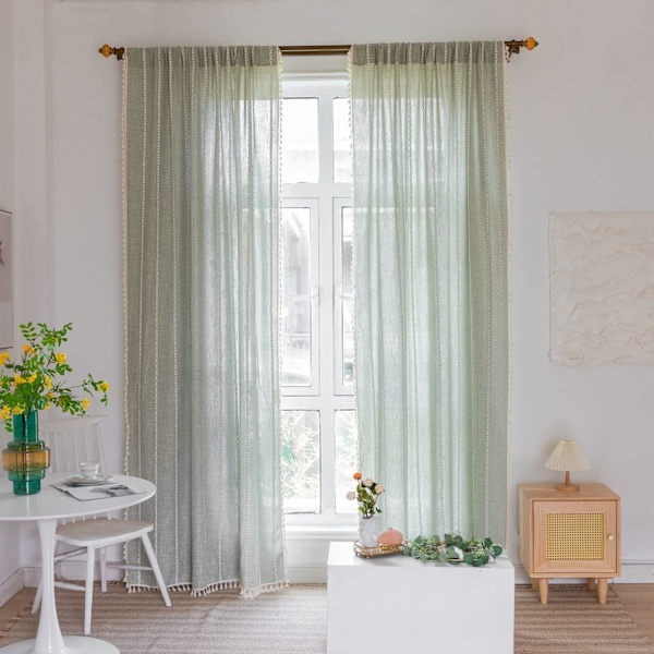 Bohemiska gardiner broderade randiga linnegardiner 84 tum långa 2 delar sovrum(B 132,08 cm x L 213,36 cm, grågrön)
