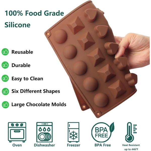 Chokoladeform i silikone med 30 hulrum i 6 forskellige former, velegnet til fremstilling af chokolader/kagedekorationer, velegnet til fester og fejringer