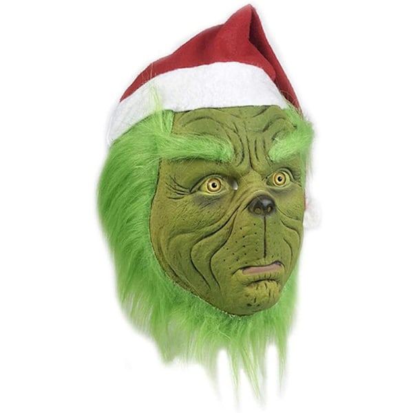 Grinch-naamio ruskeilla hiuksilla, Grinch-lateksipääpanta, hauska karnevaali- ja jouluasu, Grinch-pääpanta + hanskat + joulupukinkypärä