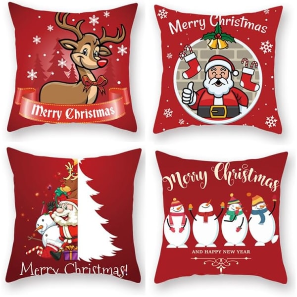 4PCS Merry Christmas Throw Pillow Covers Santa Claus Gifts Xmas Tree Square Pillow Cases Linen Zipper Cushion Case (18x18 inches)