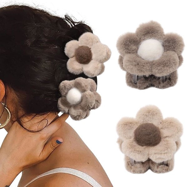 Claw Clips - 2 Pack Fluffy Flower Hair Clips Women's Large Claw Clips for Thick Hair Thin Hair Strong Hold Non-Slip Girls Hair Clips