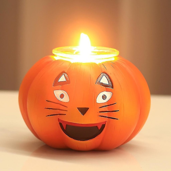Halloween Katteansikt Gresskar Lysestake Lys Lampe Lysestake Resin Kunst Håndverk Skrivebord Atmosfære Dekor