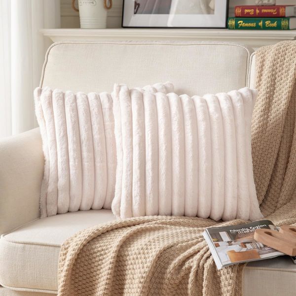2 kappaleen pakkaus, kaksipuolinen tekoturkispehmeä koristeellinen tyynynpäällinen, pörröinen raidallinen pehmeä tyynyliinan tyynynpäällinen, beige 16x16 tuumaa