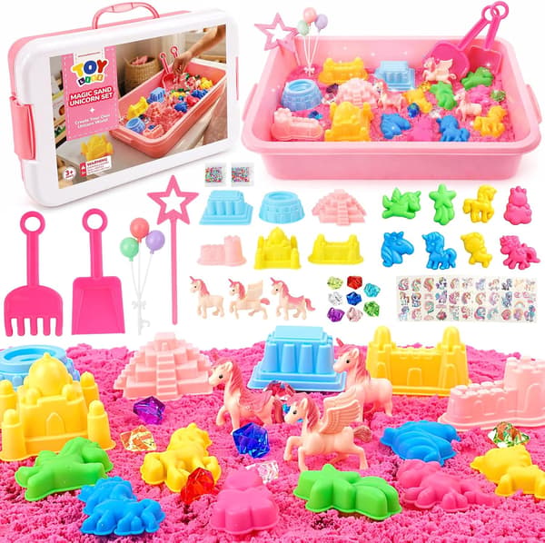 TOY Life Enhörningssensorisk låda, magisk sandlekssats för flickor, ålder 3+