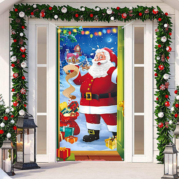 Jultomte dörrskydd God Jul dörrdekorationer Vinter snögubbe bakgrund banderoll för ytterdörr veranda Xmas
