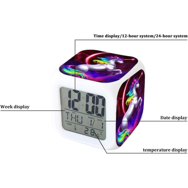 Yöpöytäherätyskello 4-puolisella yksisarviskuviolla ja 9 LED-valolla, herätyslahja huoneen sisustukseen, lapsille, tytöille