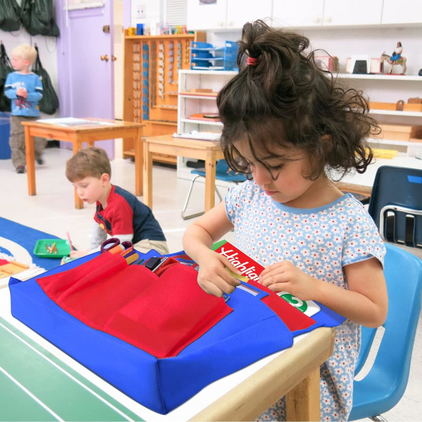 Stoleryg til skolebænk - Opbevaringslomme til skolebænk med etiketlomme - Flere lommer til skole, hjem, klasseværelse, førskole og dagpleje (rød+blå)