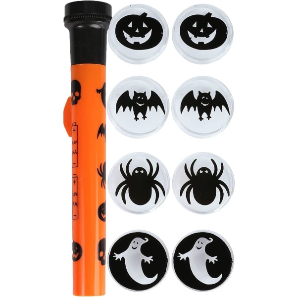 HALLOWEEN PROJEKTORLYKT - PAKKE MED 1 - ORANSJE OG SVART LYKT DEKORERT MED HALLOWEEN-SYMBOLER + 5 SKUMLE FIGURHATTER - MORO HALLOWEEN-FESTREKVISITT