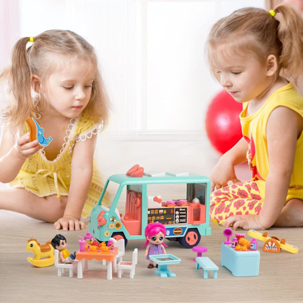 Dockhusbil leksaker för flickor 3 4 5 6+ år, Dinning Car Dream House lekset med dockor och tillbehör, Mini Camper Little People