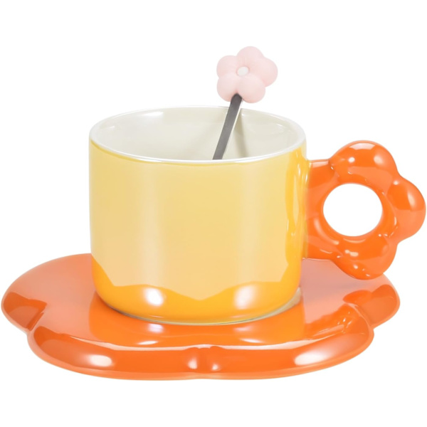 Keramisk kaffekop og underkop sæt, cappuccino espresso demitasse sød blomst form krus underkop, 10oz perfekt til mælkete latte havregryn (perle orange)