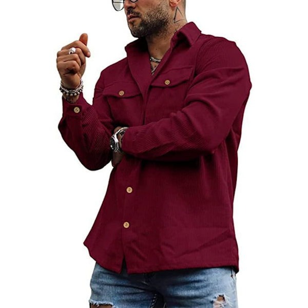 Herr Corduroy Skjortor Röd Långärmad Knäppning Trucker Jacka Skjorta Casual Work Shacket Skjorta med Fickor（Storlek：L）