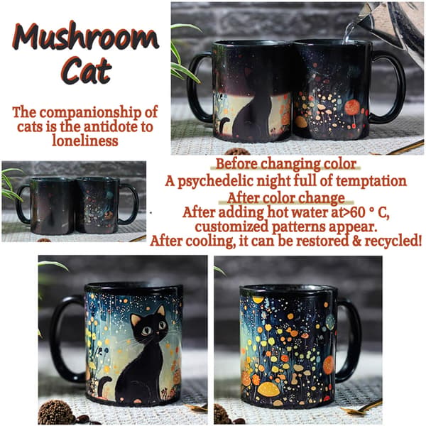 Magic Color-Changing Cat Mug, Heat-Activated Ceramic Cup with 5 Cat Motifs, Novelty Gift 350ml