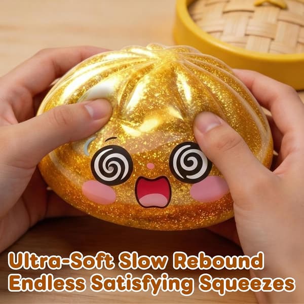 Glitter Dumpling Squishy, Dumpling Squishies, Glitter Dumpling Mystery Box, Farverige Dumpling Stressbolde Fidget, Jumbo Squishy Legetøj med Damperkasse Sæt Gold